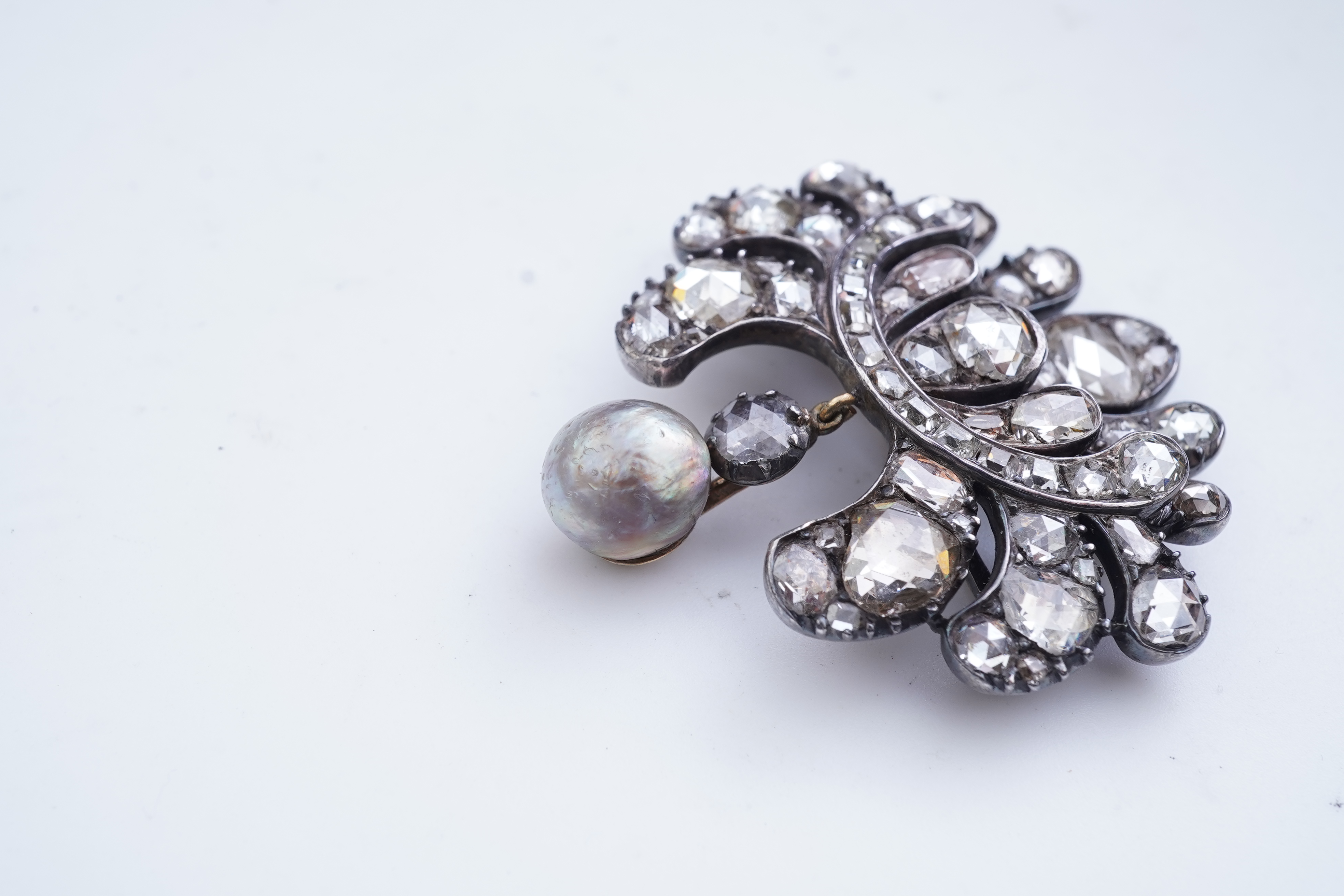 A rare diamond and natural pearl brooch, possibly Ottoman, early 19th century and later